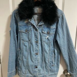 Melrose and Market Light Blue Denim Jacket with Black Faux Fur Collar